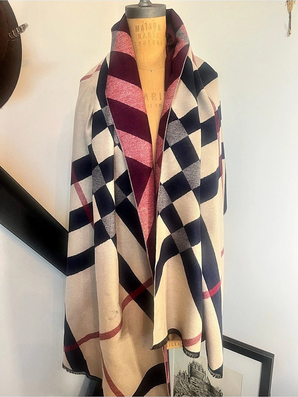 Geometric Fringed Scarf/wrap double sided burgundy and blue one side and cream n
